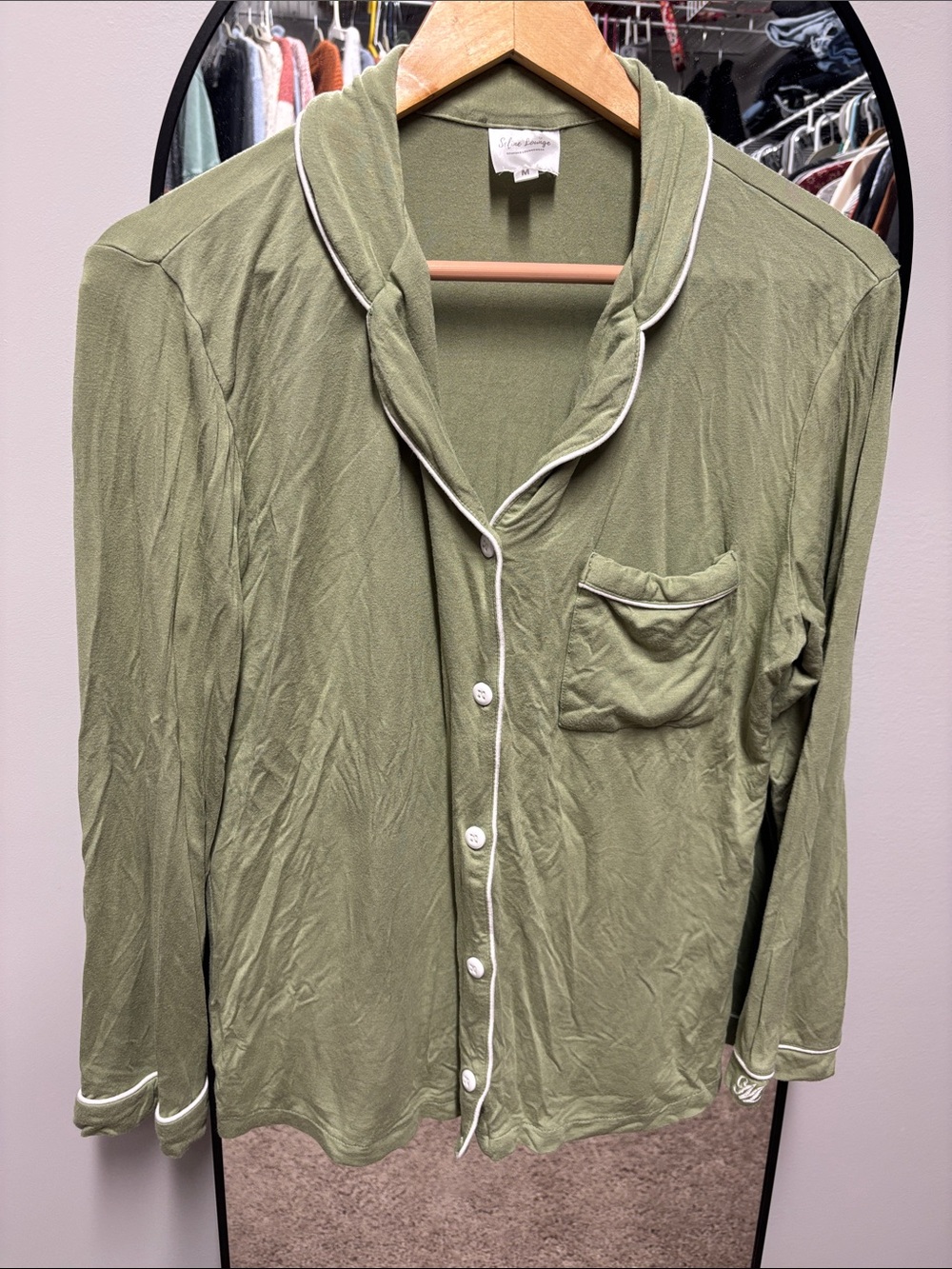 Green long-sleeve pajama top with white piping with matching shorts sleep set